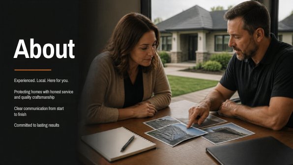 Homeowner reviewing roof photos with an independent roofing professional