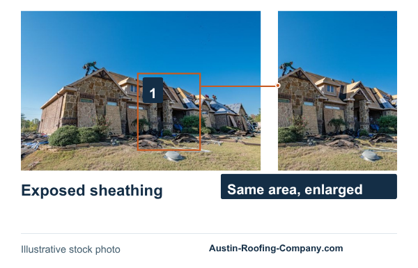 Stock roof-replacement photograph showing exposed roof sheathing, with the marked area enlarged from the same photograph; no damage diagnosis or measured dimensions are implied.