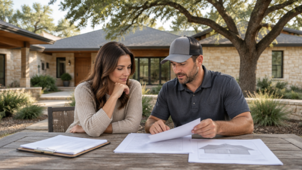 Homeowner and contractor reviewing roofing permit paperwork and roof plans