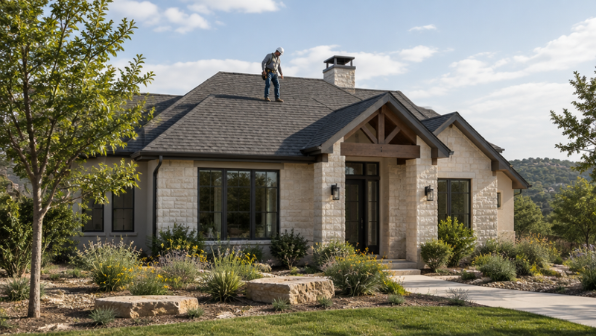 Roofer inspecting an asphalt shingle roof on a Central Texas home