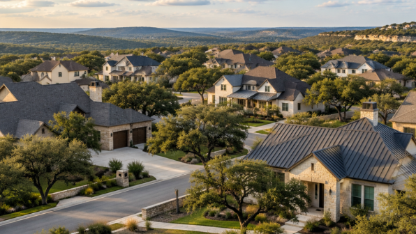 Central Texas suburban neighborhood roofscape in warm daylight