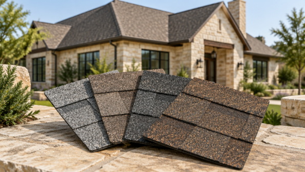 Premium asphalt shingle samples with a Texas home roof in the background