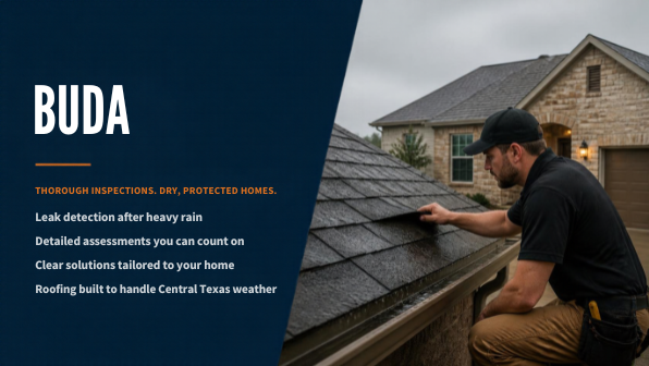 Professional roofer inspecting a roof leak on a Buda style Texas home
