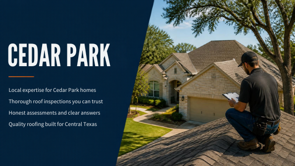 Professional roof inspection on a Cedar Park style suburban home