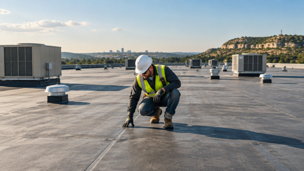 Professional commercial roof inspection on a low-slope roof