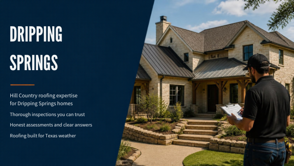Professional roofer inspecting a Hill Country style home roof in Dripping Springs