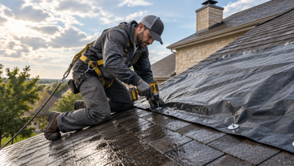 Roofer securing storm-damaged roofing during an emergency repair