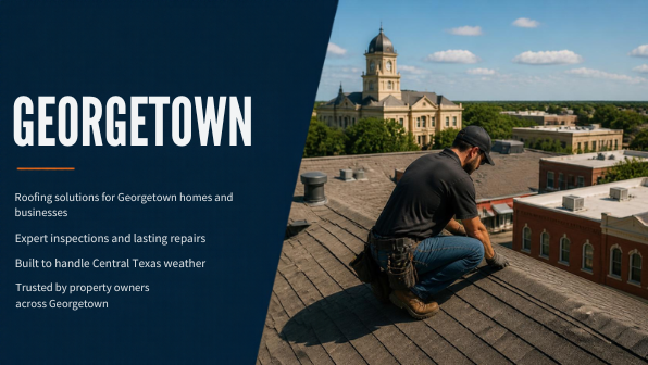 Professional roofer inspecting roofing in a Georgetown Texas property setting