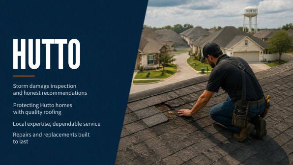 Professional roofer inspecting localized storm damage on a Hutto style suburban roof