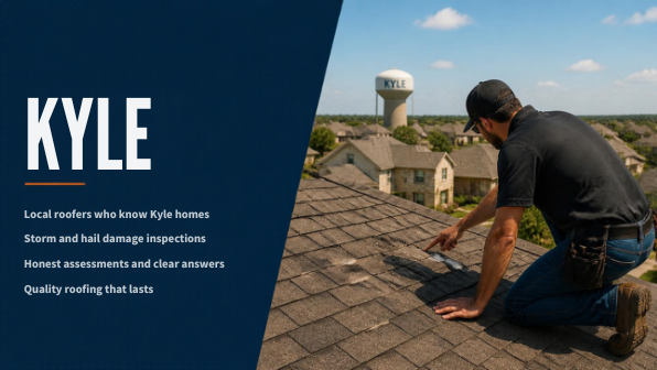 Professional roofer checking storm and hail related roof condition on a Kyle style home