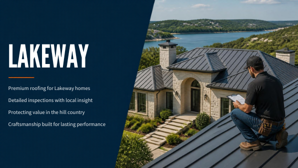 Professional roofer inspecting a premium Lakeway style home roof in a Hill Country setting