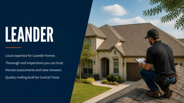 Professional roof inspection on a modern Leander style suburban home