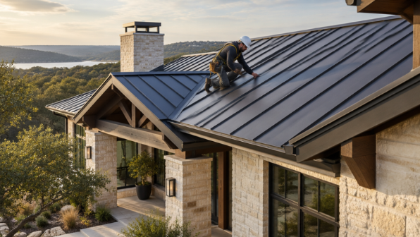 Standing seam metal roof installation on a modern Central Texas home