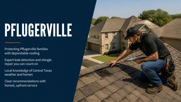 Professional roofer diagnosing a roof issue on a Pflugerville style home