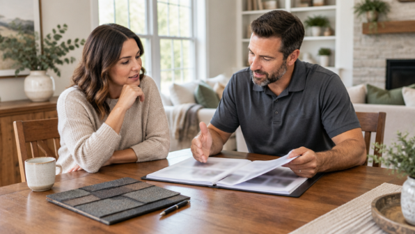 Homeowner and roofing professional reviewing a roofing proposal together