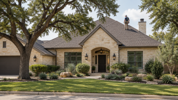 Professional roofer inspecting a Central Texas residential roof
