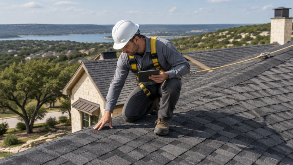 Professional roofer inspecting a residential roof