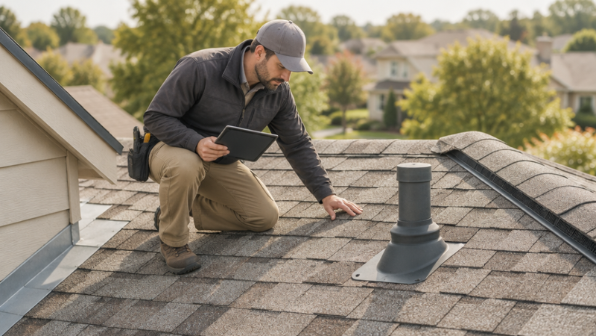 Professional roof inspector checking shingles flashing and roof vents