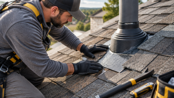 Roofer diagnosing a leak around roof flashing and a penetration