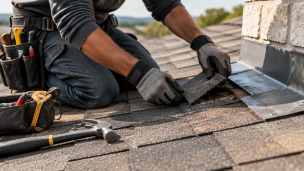 Professional roofer repairing a localized damaged roof area