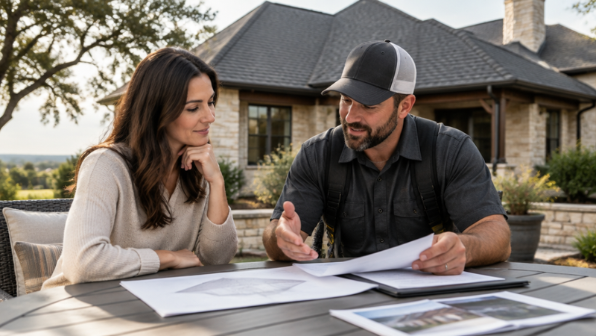Homeowner and roofing professional reviewing a roof estimate and roof plan