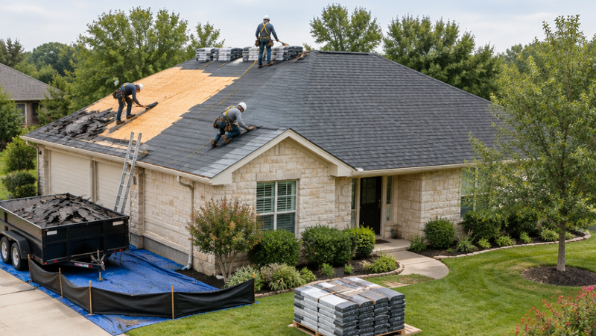Organized residential roof replacement project in progress