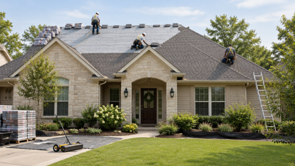 Organized roofing crew installing a residential replacement roof