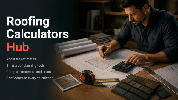 Roofing plans measuring tools calculator and roofing material samples on a worktable