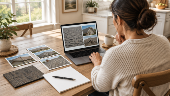 Homeowner reviewing roofing photos notes and documents at a table