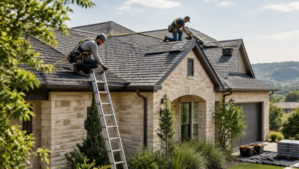 Professional roofing crew working on residential roof repair and inspection tasks