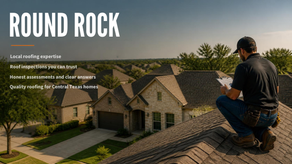 Professional roofer inspecting a residential roof in a Round Rock style Central Texas neighborhood
