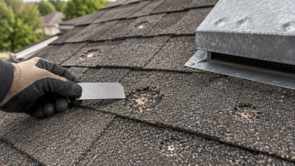 Close professional inspection of hail impact marks on asphalt shingles