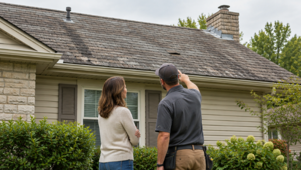 Homeowner and roofer examining visible signs of roof aging