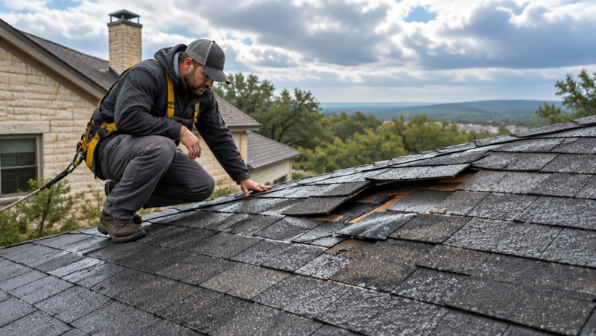 Professional roofer inspecting storm damage on a residential roof