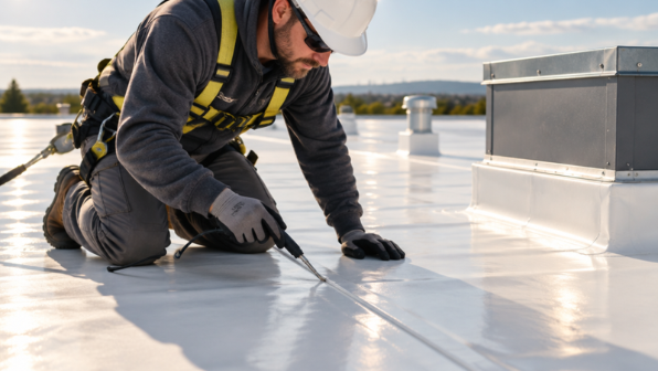 Professional inspection of a white TPO roofing membrane and seam